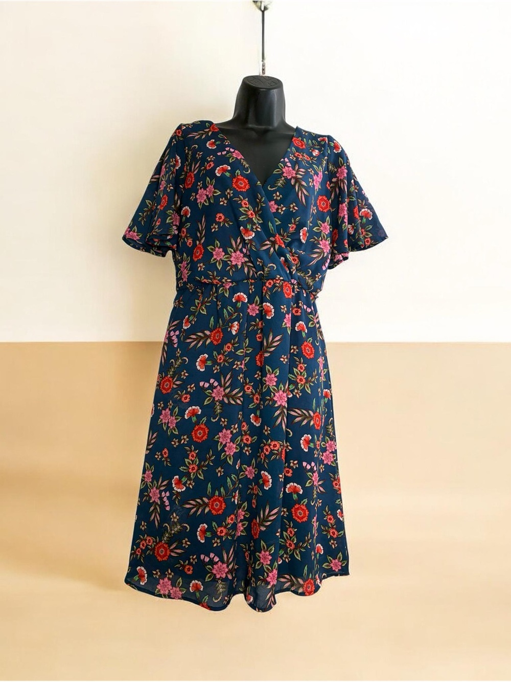 Como Vintage Navy Floral Midi Dress with Red & Pink Blooms